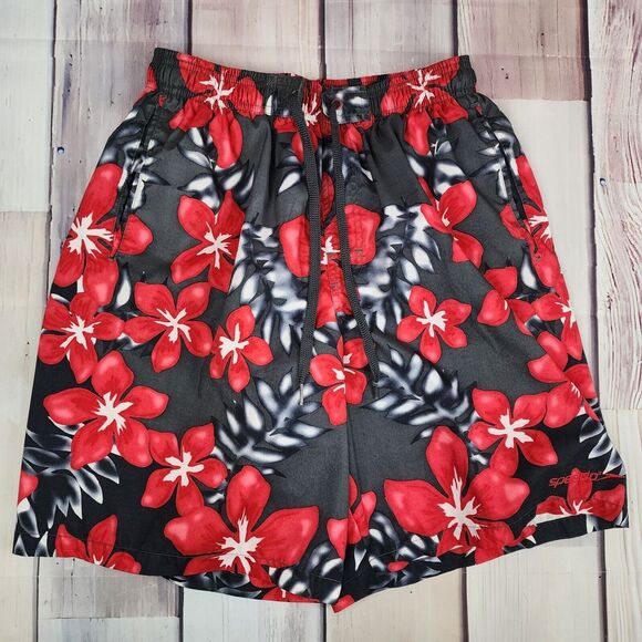 Speedo Mens M Lined Swim Trunks Black and Red Hawaiian Flower Boardshort Pockets - Picture 1 of 7